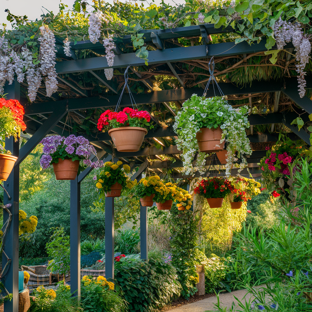 Pots de lavande sur une terrasse ensoleillée avec pergola fleurie